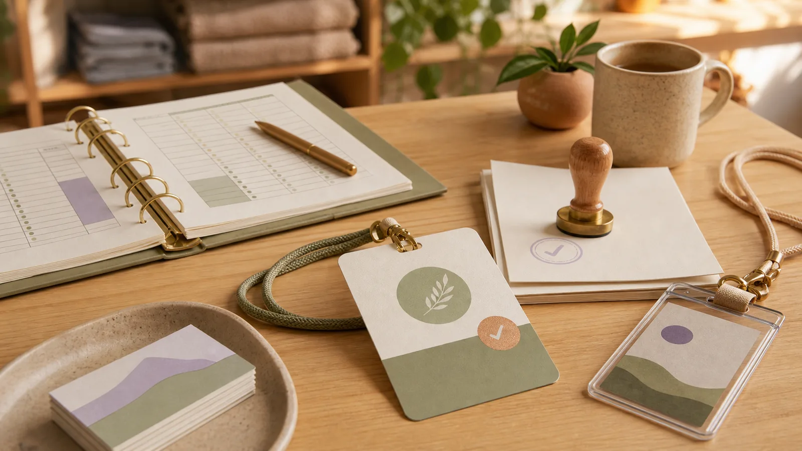 A studio admin table with an access pass, role tag, approval stamp, and clean ledger pages.