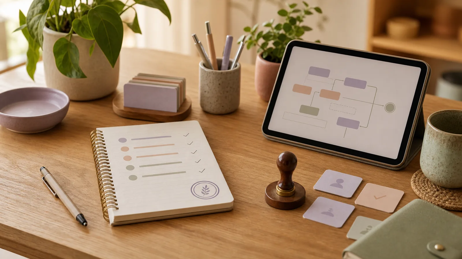 A studio admin desk with an audit trail notebook, timestamp cards, approval stamp, tablet, and plants.