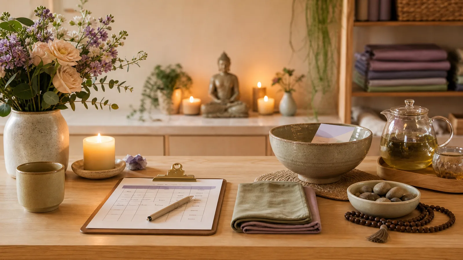 A quiet studio table with a donation bowl, volunteer clipboard, folded cloth, tea, and flowers.
