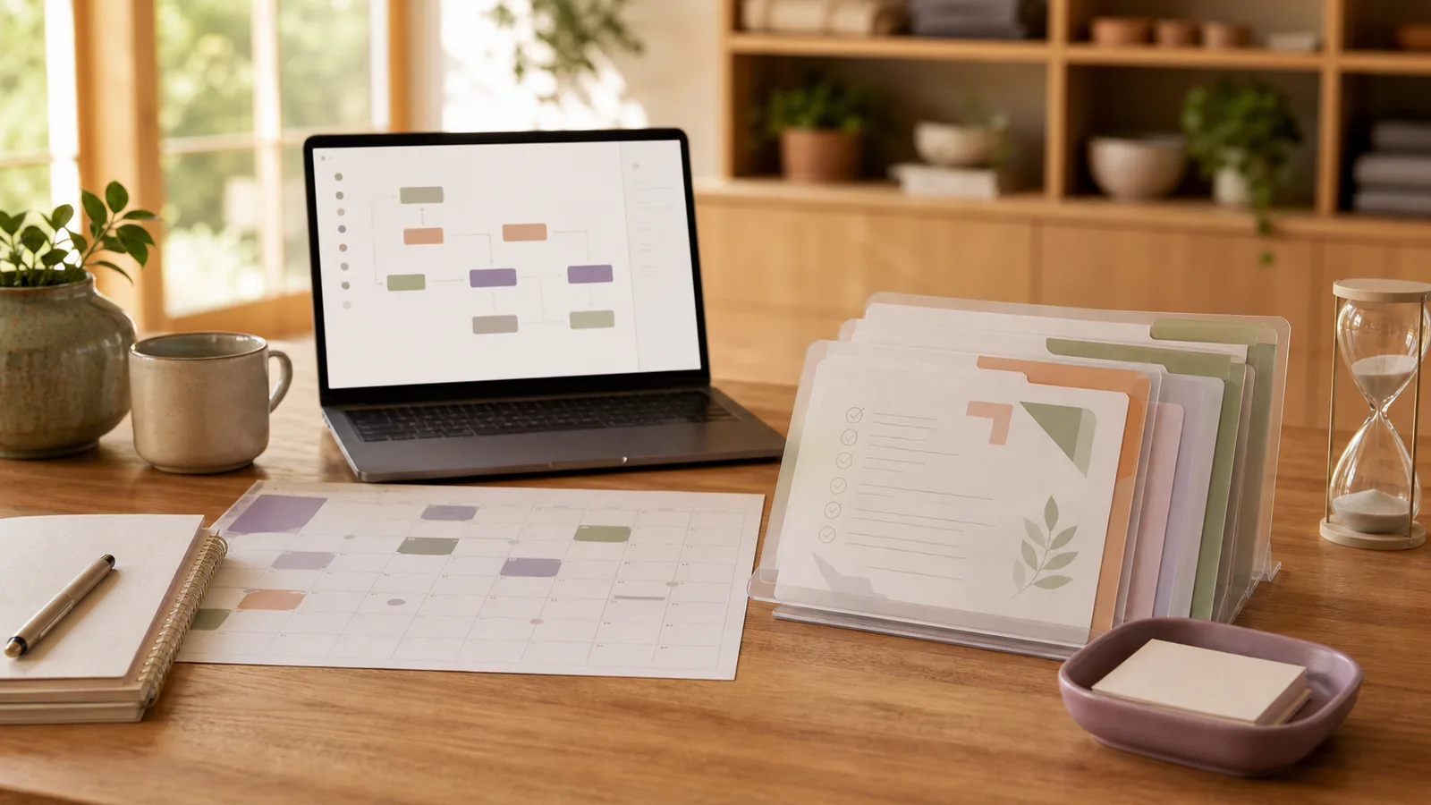 A studio admin desk with layered policy sheets, color tabs, a calendar, and a laptop.