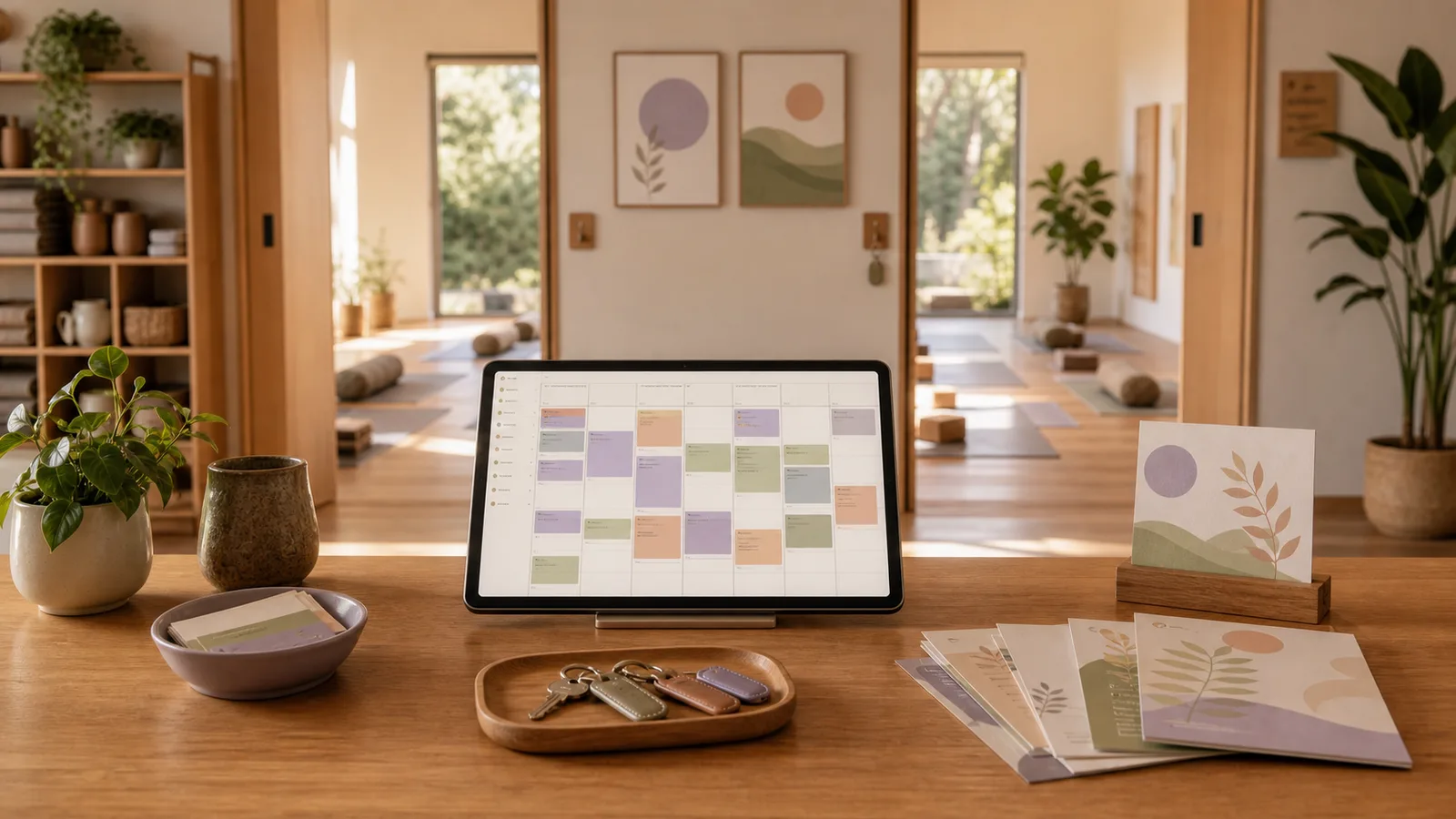 A yoga studio desk overlooking rooms, with room keys and a tablet calendar of colored blocks.