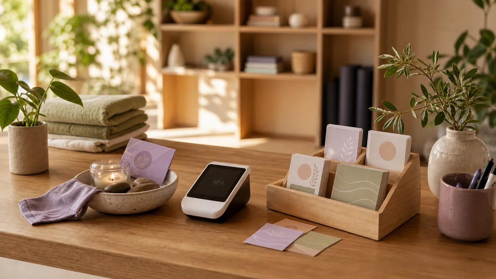A calm studio reception table with a donation bowl, payment terminal, and folded towels.