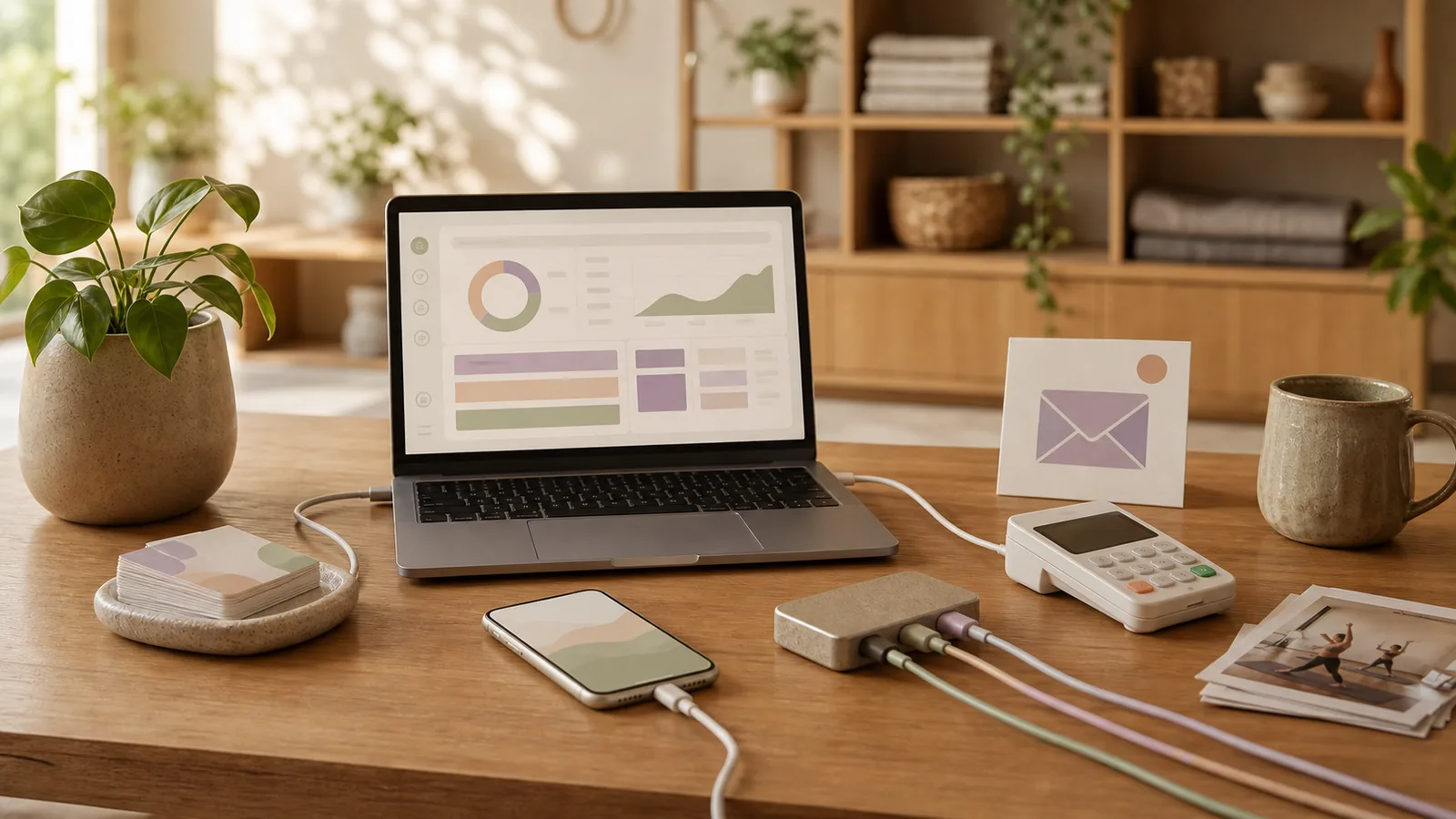 A calm studio operations desk with a laptop, connector cables, payment terminal, phone, and photo stack.