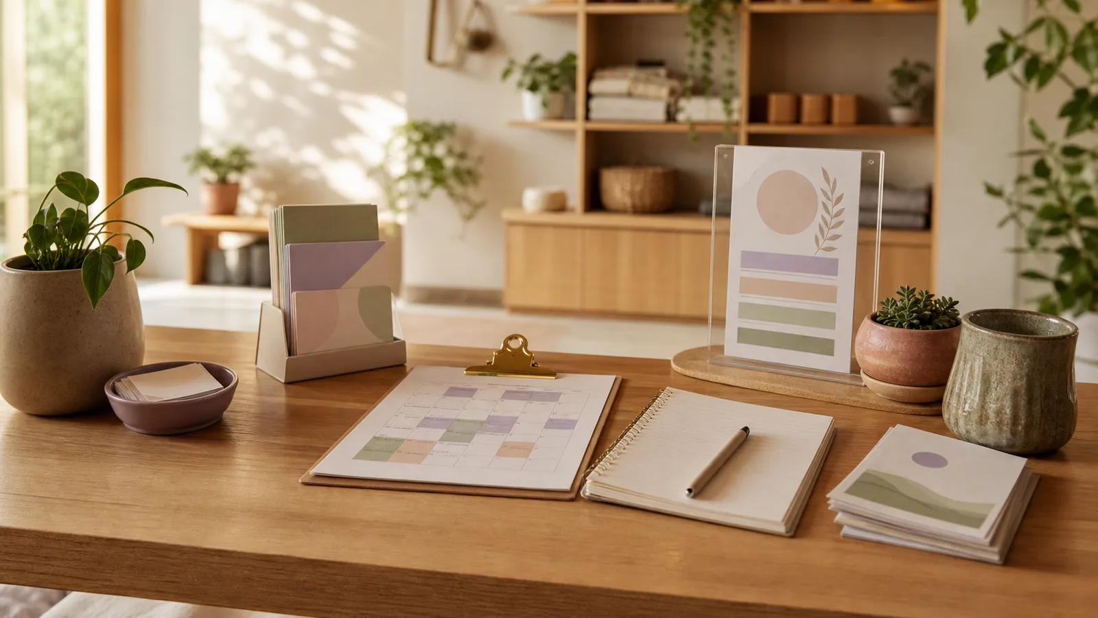 A warm yoga studio reception desk with schedule cards, studio materials, and plants.