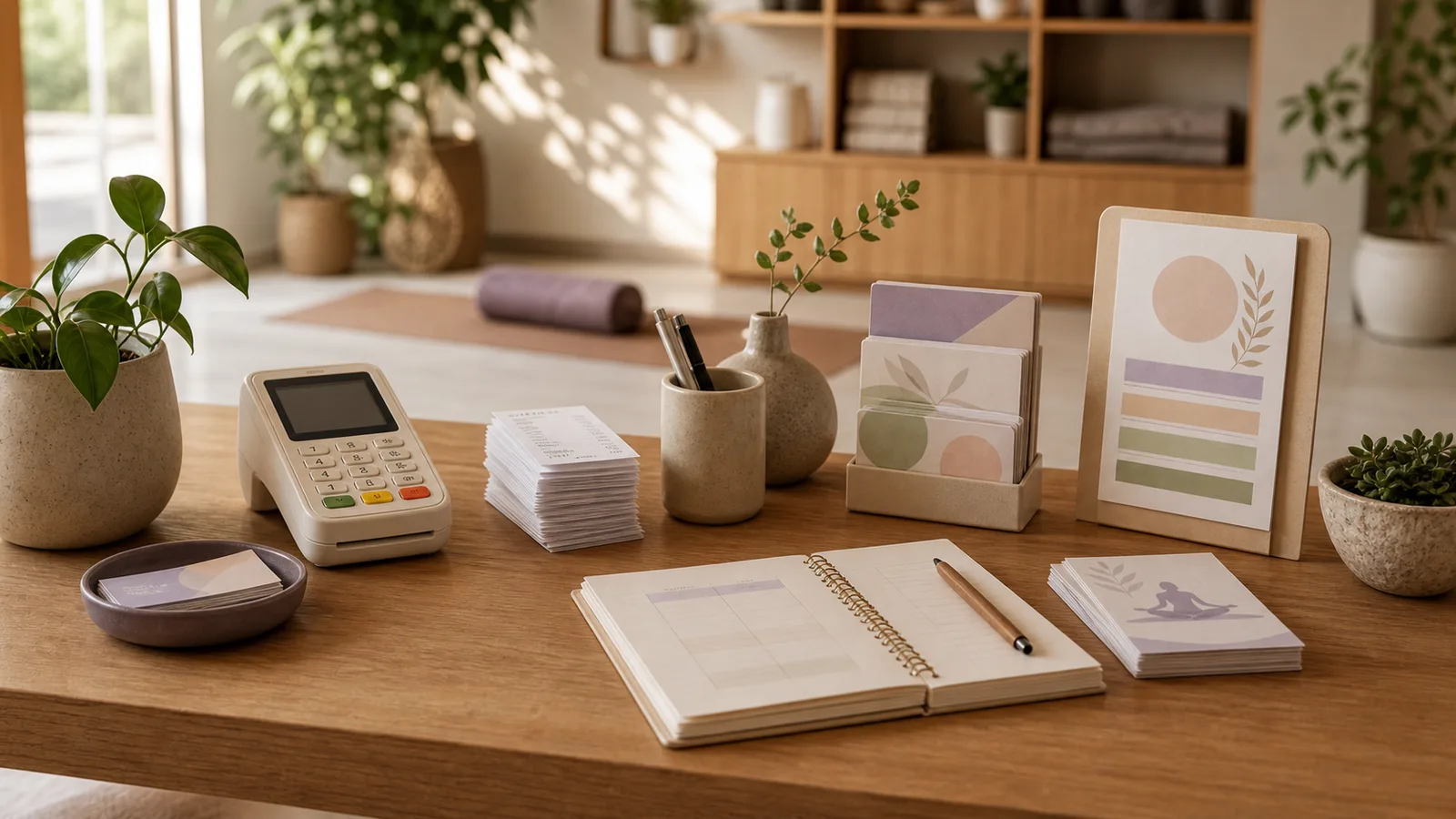 A studio reception counter with a payment terminal, receipt stack, workshop cards, and a small ledger.