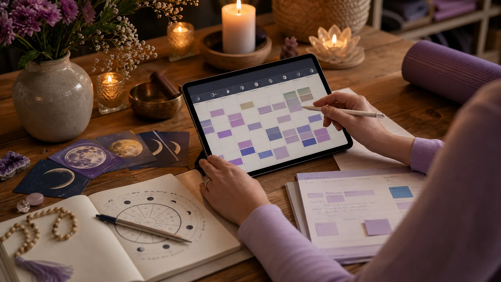 A studio planning table with a tablet calendar, moon phase cards, candles, flowers, and class planning notes.
