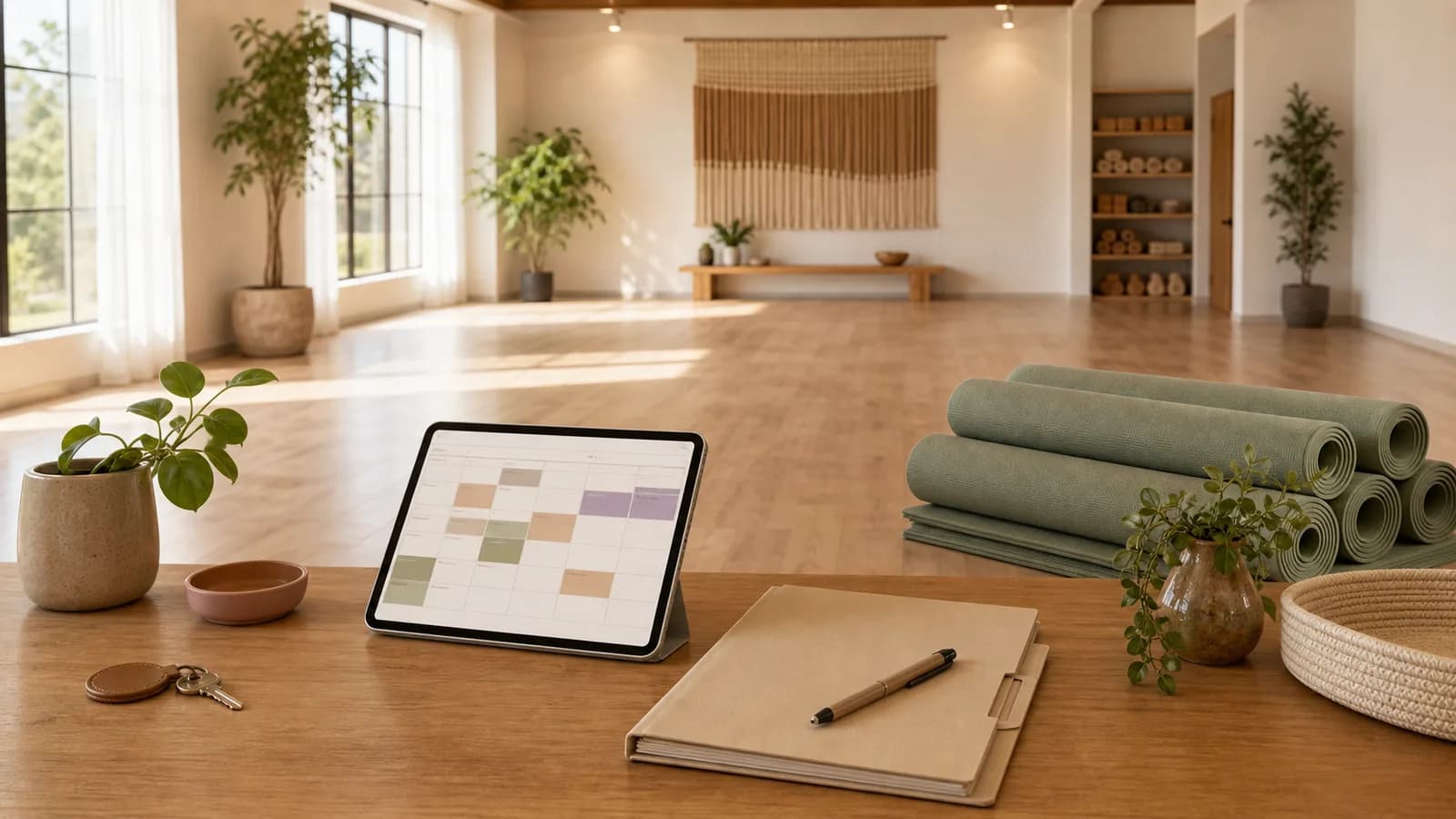 An empty sunlit yoga room with stacked mats, a room key, and a simple booking tablet.