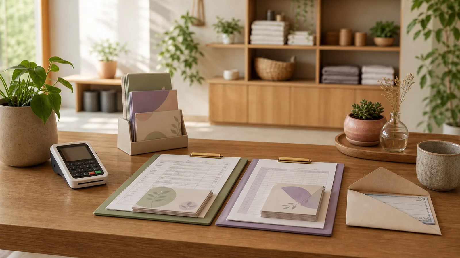 A yoga studio reception counter with separated ledgers, payment terminal, bank envelope, and class cards.