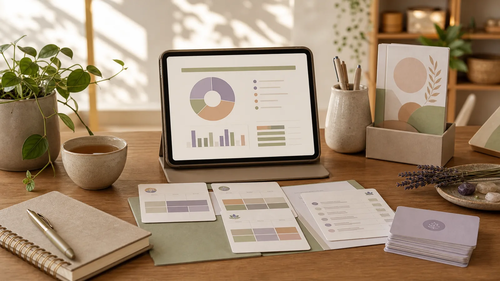 A yoga studio office desk with teacher schedule cards, abstract pay summary, attendance cards, and tea.